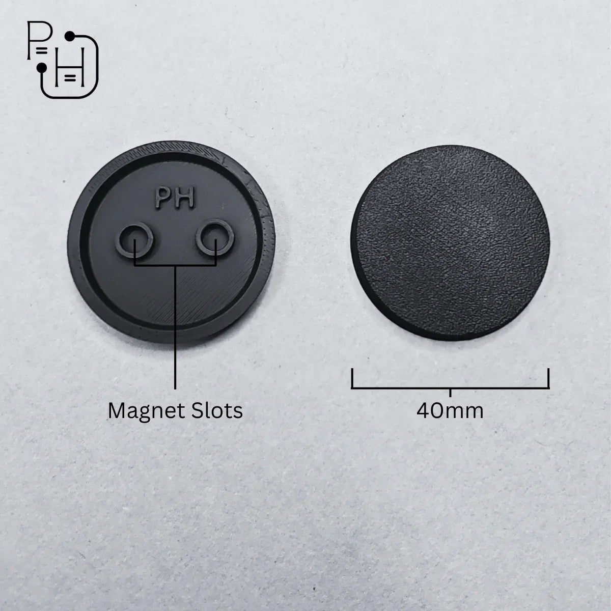 40mm wargaming base with magnet slots, textured surface for miniatures