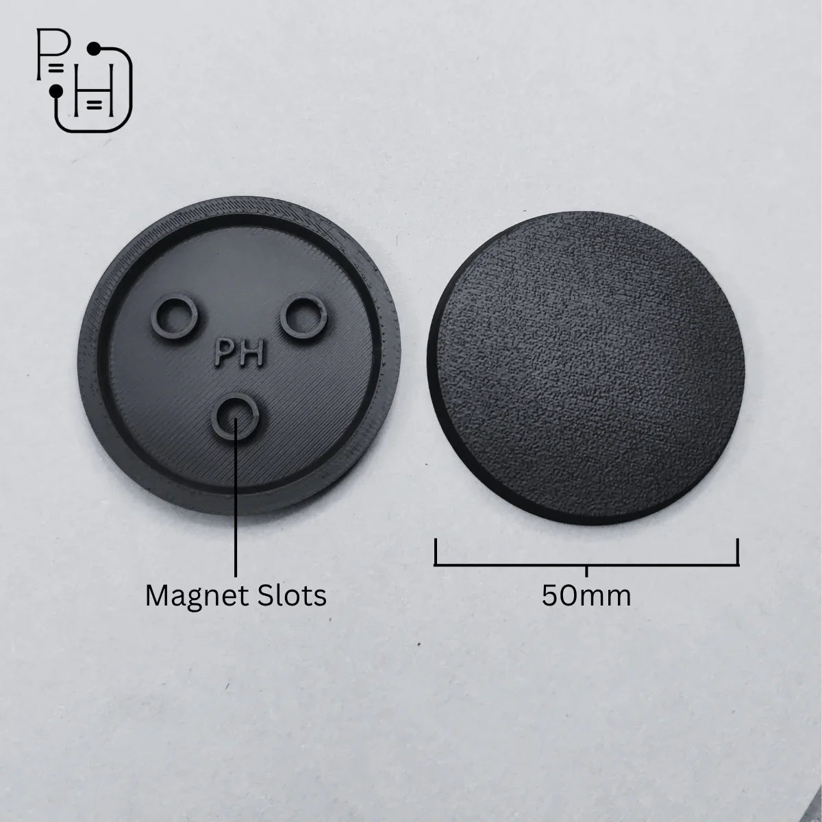 50mm wargaming base with magnet slots, textured surface for miniatures