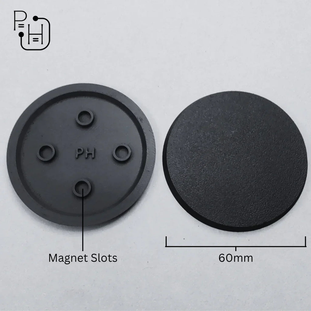 60mm wargaming base with magnet slots, textured surface for miniatures and hobby models