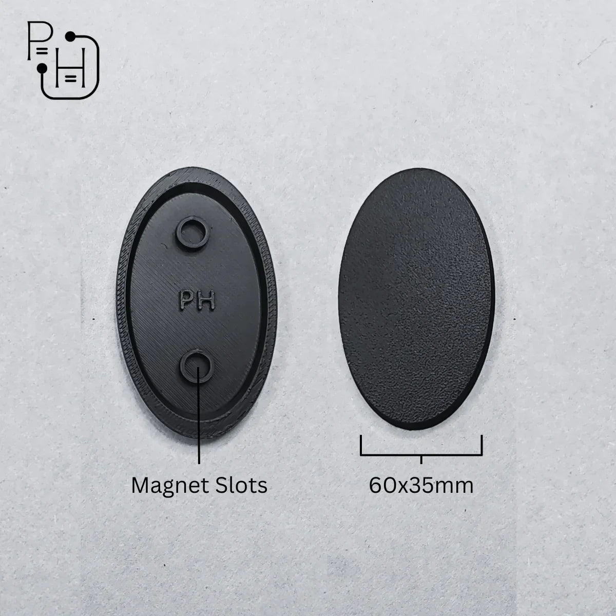 60x35mm oval wargaming base with magnet slots, PH marked, for hobby miniatures
