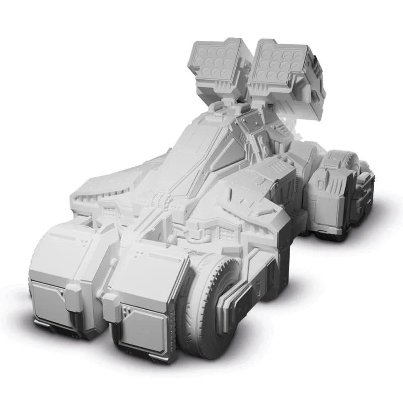 Unpainted sci-fi wargaming vehicle model with twin turrets, ready for hobby assembly and painting.
