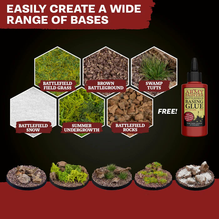 Wargaming terrain bases with grass, rocks, snow, and swamp tufts plus free basing glue for hobbyists