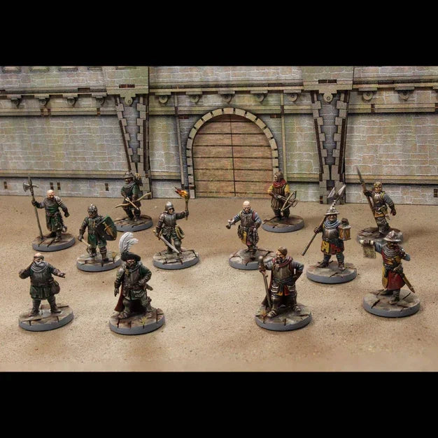Painted medieval wargaming miniatures with spears, axes, and scrolls for tabletop battles