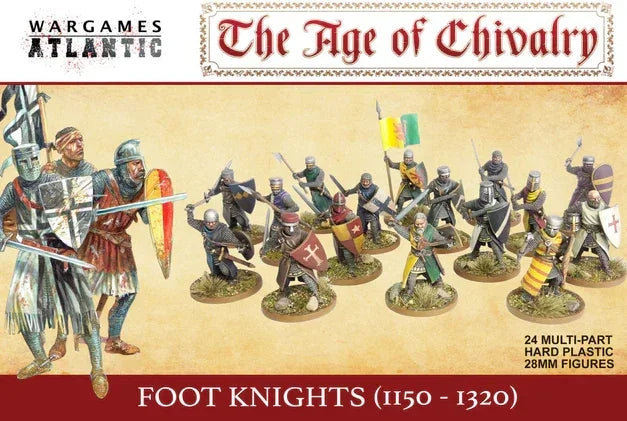 24 multi-part 28mm foot knights miniatures for Age of Chivalry wargaming, 1150–1320