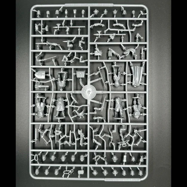 Wargaming miniatures sprue with detailed figures and accessories for hobby assembly