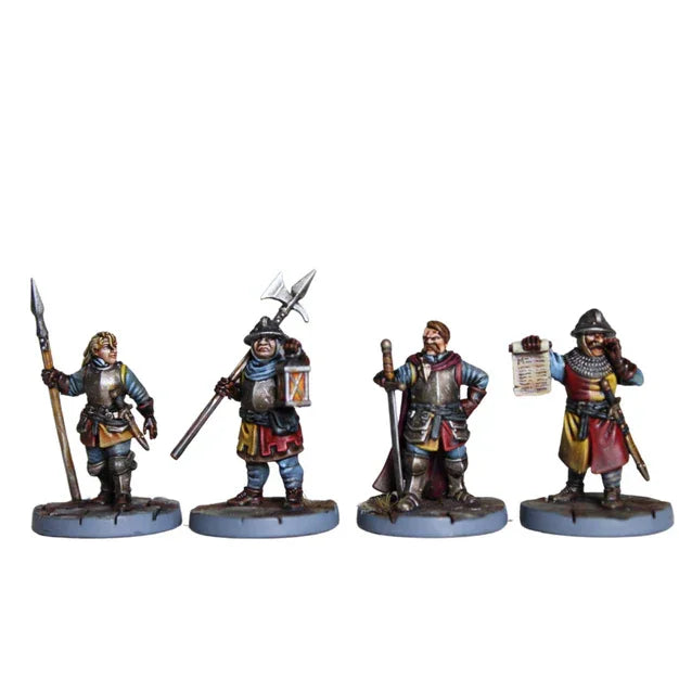 Painted medieval wargaming miniatures with spears, axes, and scrolls for tabletop battles