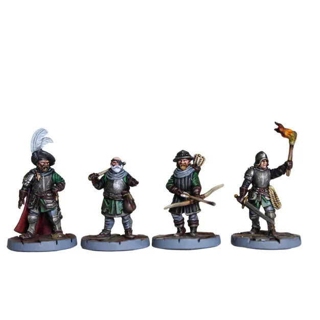 Four detailed wargaming miniatures in medieval armor with weapons and torches
