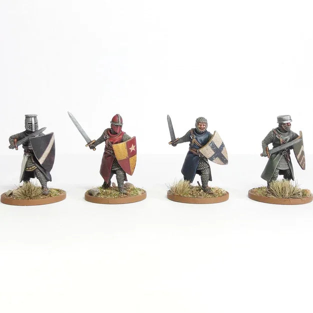 Medieval knight miniatures with swords and shields for wargaming, detailed painted figures on bases