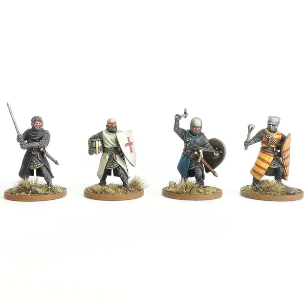 Four medieval knight miniatures in chainmail with swords, shields, and heraldic banners for wargaming