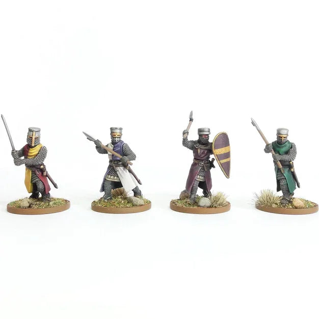 Four medieval knight miniatures in chainmail with swords, shields, and heraldic banners for wargaming
