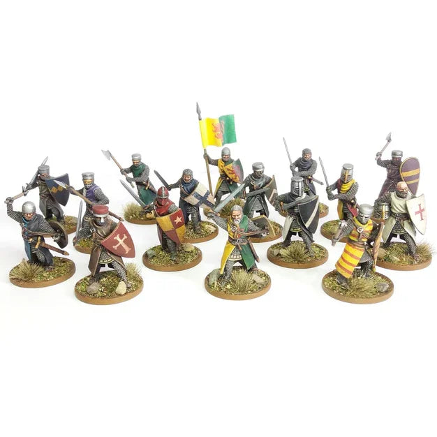 Medieval wargaming miniatures with shields, swords, and banners for hobby enthusiasts