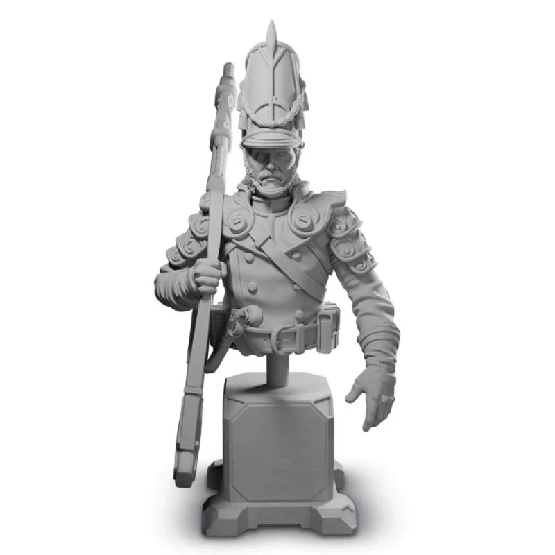 Unpainted wargaming miniature soldier with rifle and detailed armor, ideal for hobby enthusiasts.