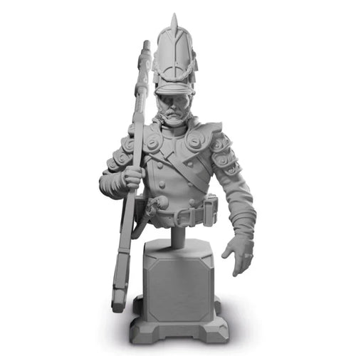 Unpainted wargaming miniature soldier with rifle and detailed armor, ideal for hobby enthusiasts.