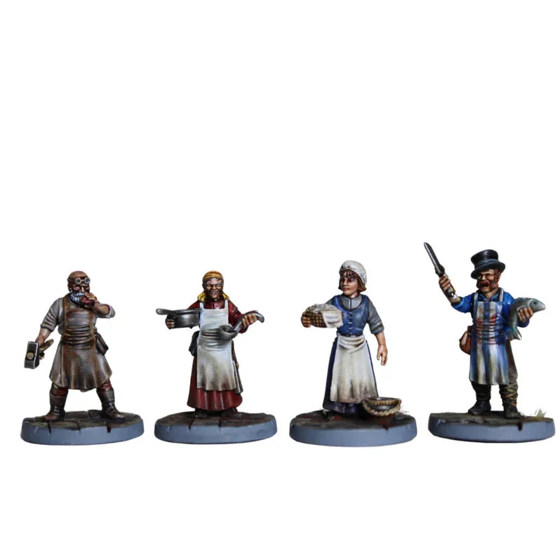 Hand-painted wargaming miniatures: townsfolk with aprons, tools, and fish for tabletop battles