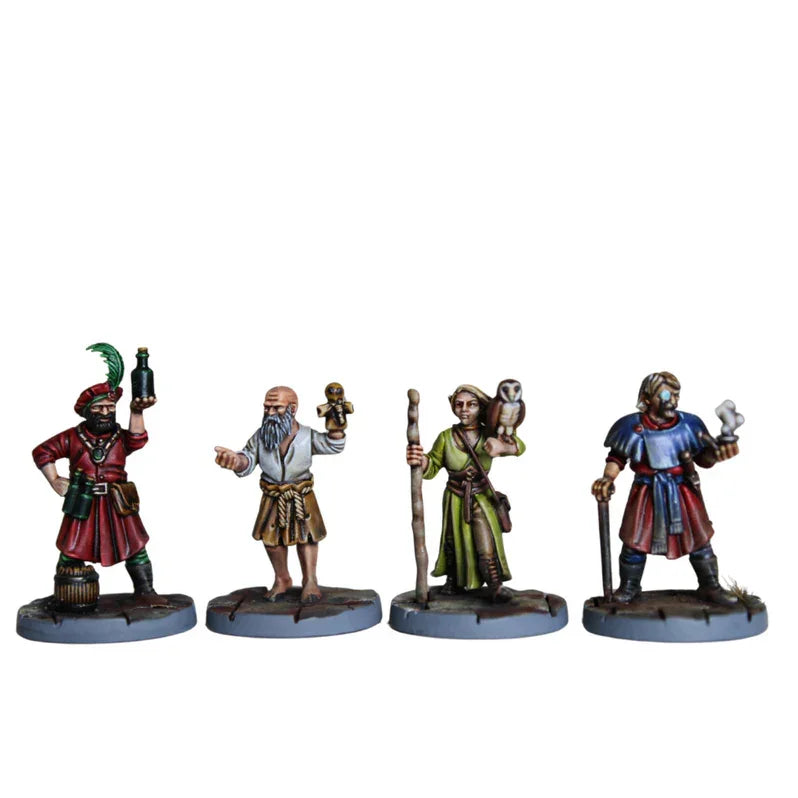 Four painted fantasy wargaming miniatures: pirate, wizard, druid, and warrior with detailed bases for tabletop gaming