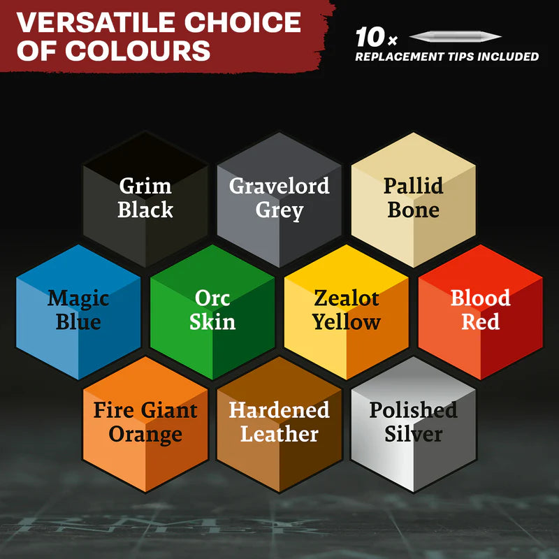Versatile paint colors for wargaming miniatures: Grim Black, Magic Blue, Orc Skin, Zealot Yellow, Blood Red, and more