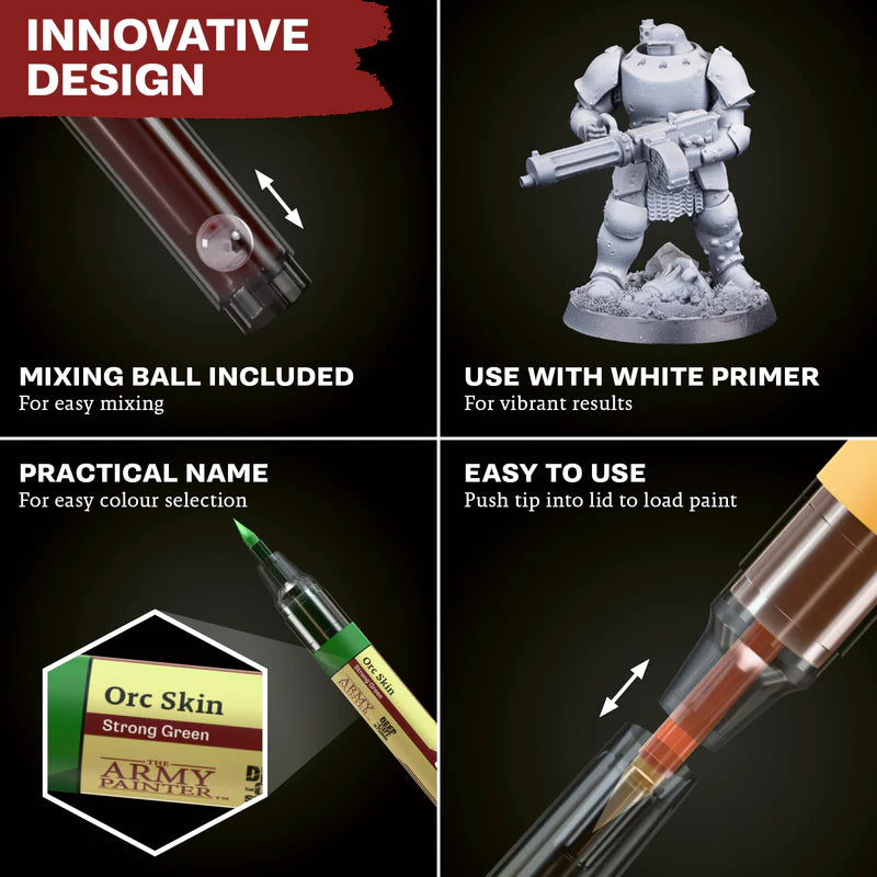 The Army Painter Orc Skin Strong Green paint pen with mixing ball, designed for wargaming miniatures and easy use with white primer.