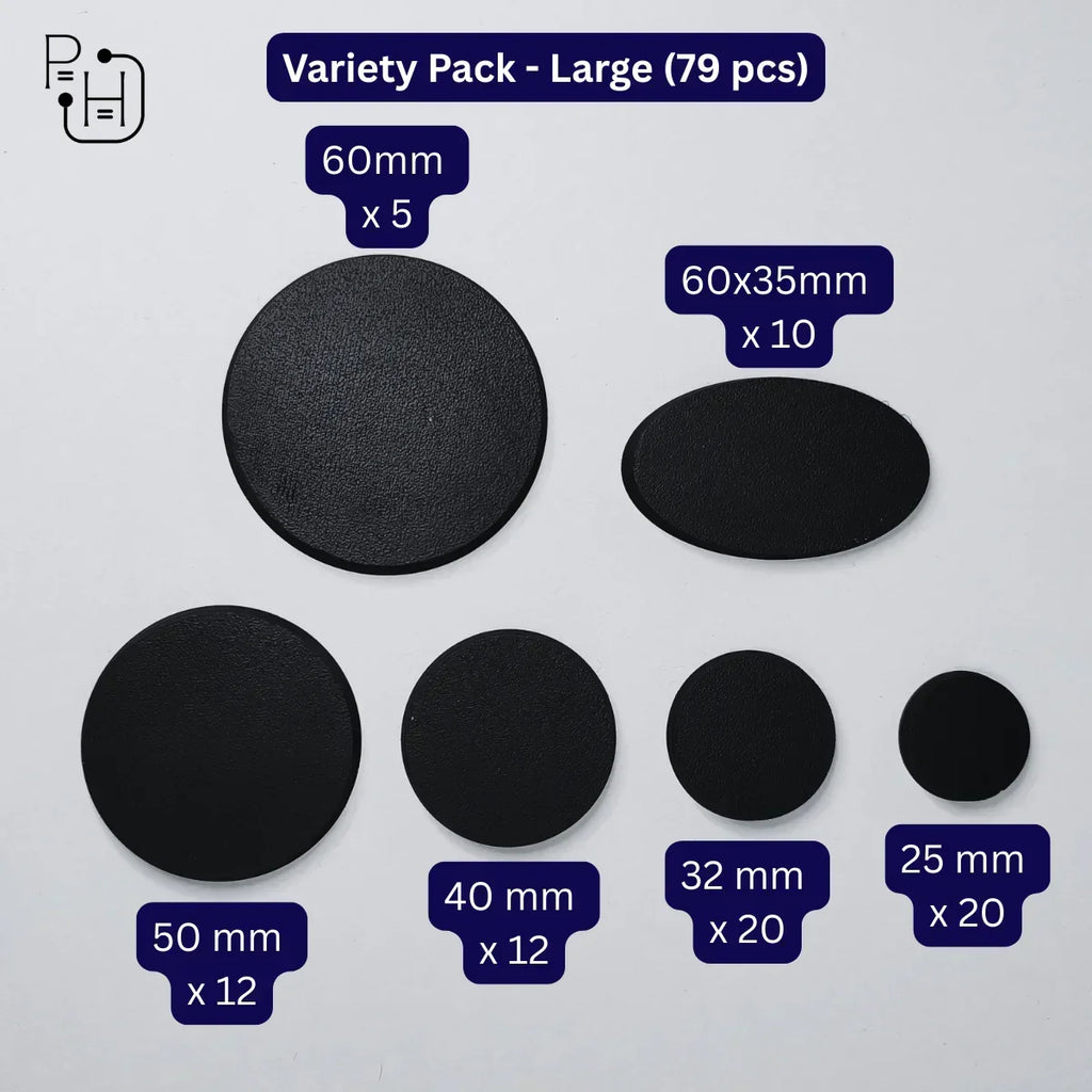 Large variety pack of 79 black wargaming bases in multiple sizes for miniatures