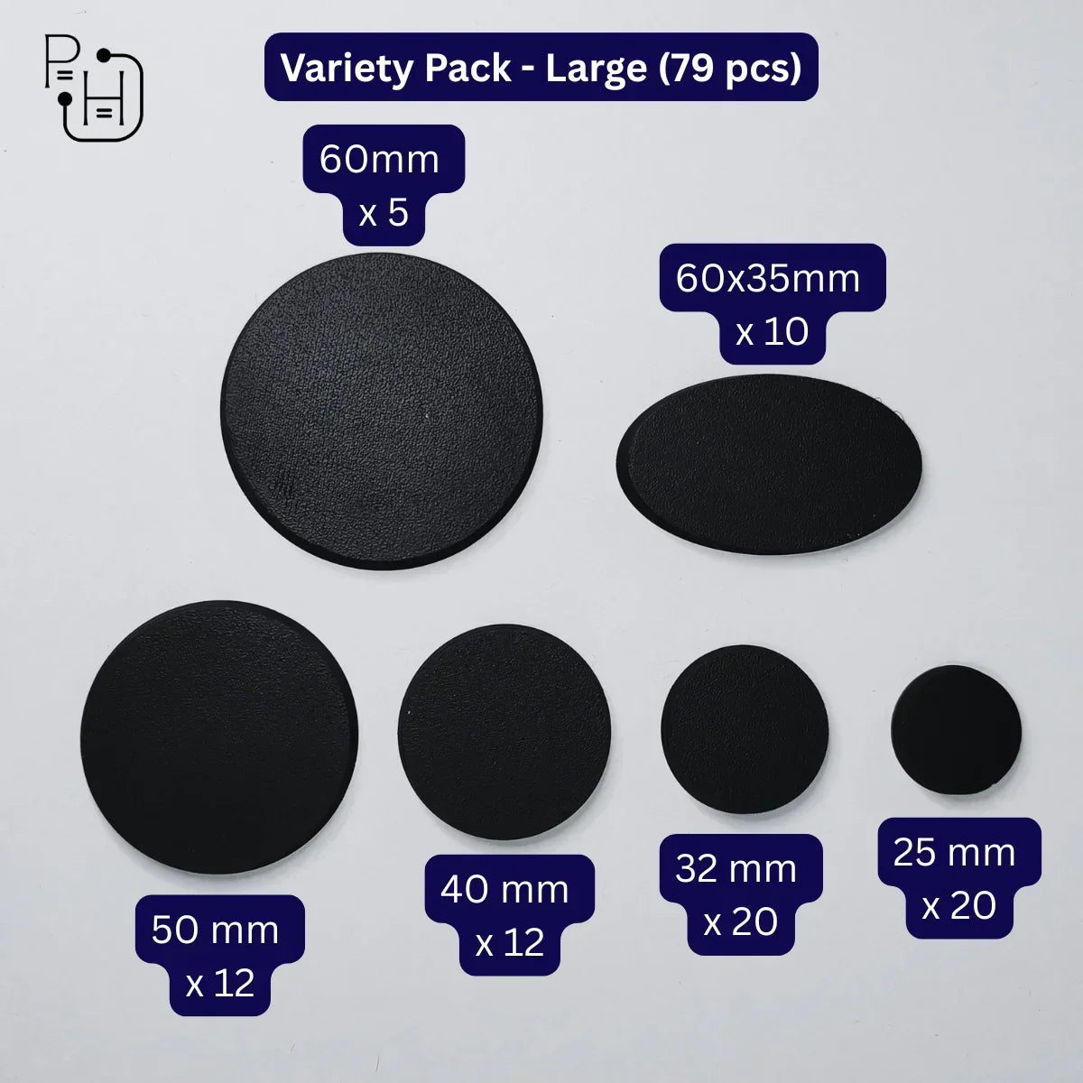 Large variety pack of 79 black wargaming bases in multiple sizes for miniatures