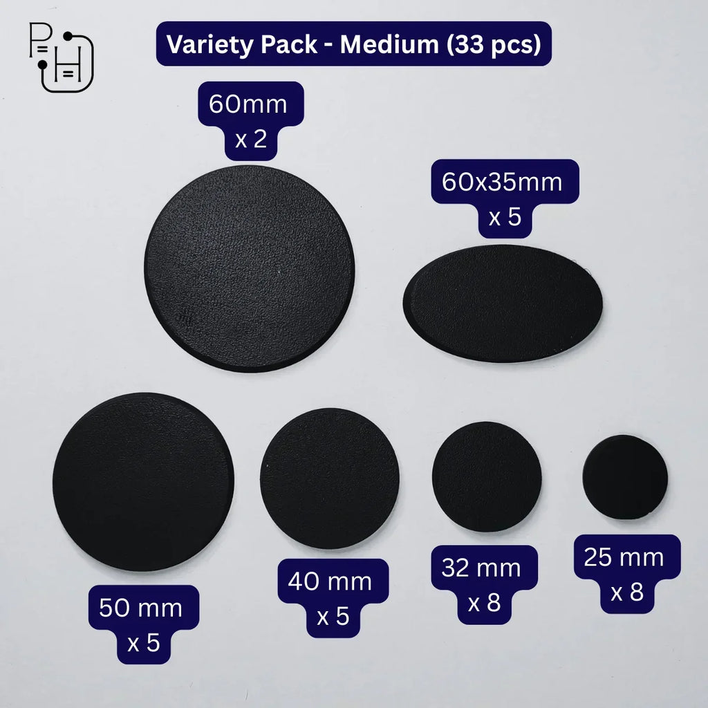 Medium variety pack of 33 black wargaming bases in multiple sizes for hobbyists