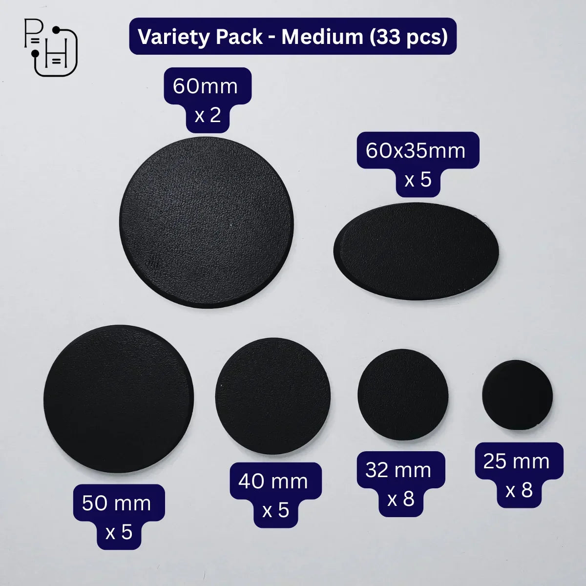 Medium variety pack of 33 black wargaming bases in multiple sizes for hobbyists
