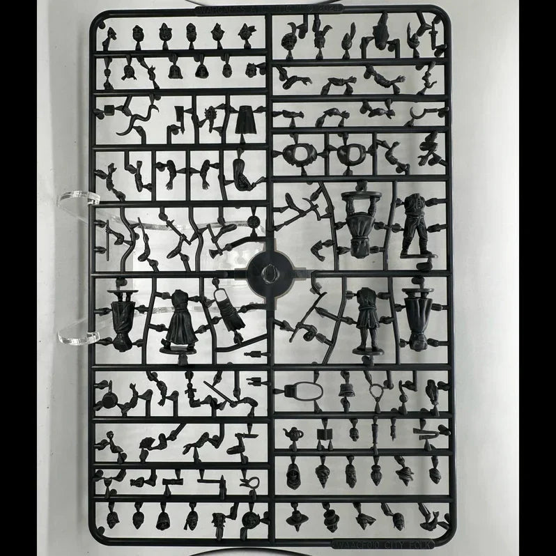 Wargaming miniatures sprue with detailed figures and accessories for hobby assembly