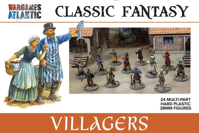 Classic Fantasy Villagers 28mm Miniatures for Wargaming - 24 Multi-Part Hard Plastic Figures