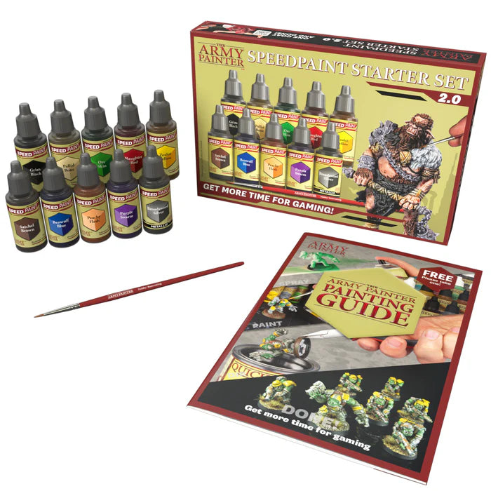 Army Painter Speedpaint Starter Set 2.0 with paints, brush, and painting guide for wargaming miniatures