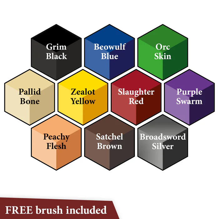 Wargaming paint colors: Grim Black, Beowulf Blue, Orc Skin, and more with free brush included