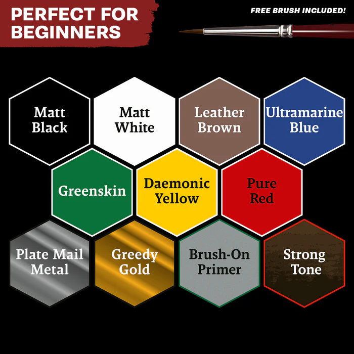 Wargaming paint set with 10 colors like Daemonic Yellow, Pure Red, and Matt Black — perfect for beginners