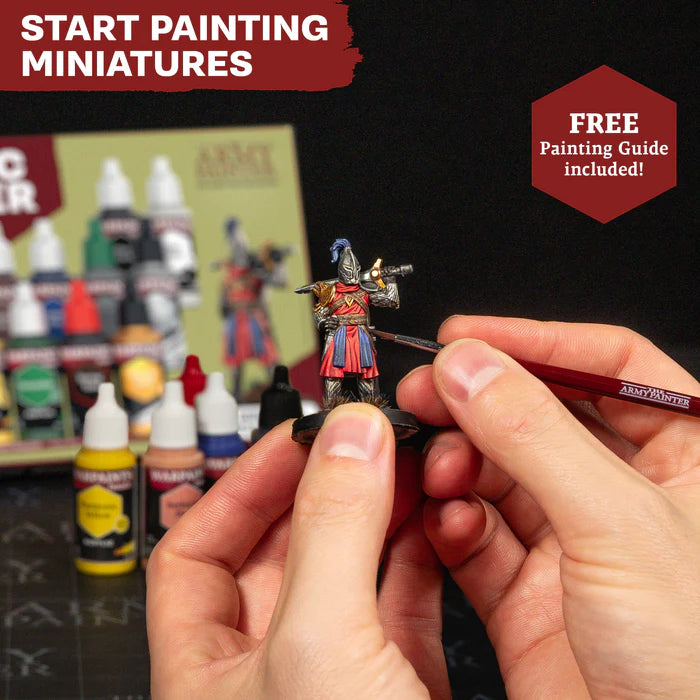 Start painting miniatures with included guide and paints for wargaming hobbyists