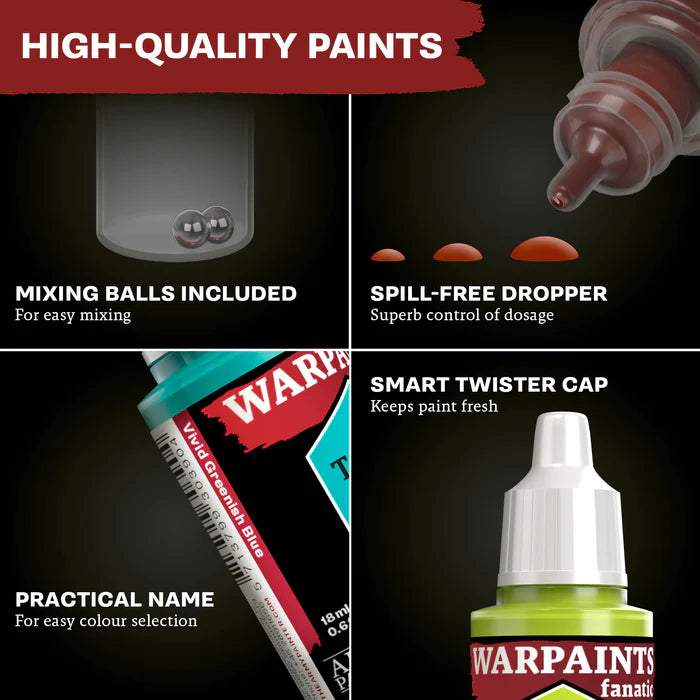 High-quality Warpaints hobby paints with mixing balls, spill-free dropper, smart cap, and practical color names for wargaming miniatures