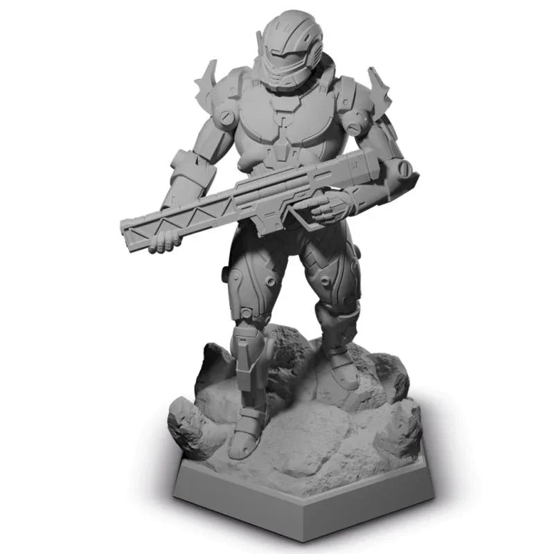 Unpainted sci-fi wargaming miniature of armored soldier with rifle, ready for hobby painting and tabletop battles.