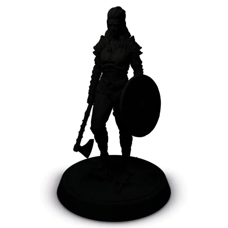 Female warrior miniature with axe and shield, ideal for wargaming and tabletop hobbies