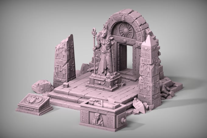 A 3D-rendered miniature stone temple or ruins set in a monochrome dusty lavender-gray color, featuring a central statue base, arched doorway, pillars, and scattered architectural debris on a smooth gray background.