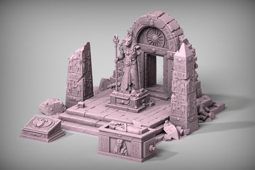 A 3D-rendered miniature stone temple or ruins set in a monochrome dusty lavender-gray color, featuring a central statue base, arched doorway, pillars, and scattered architectural debris on a smooth gray background.