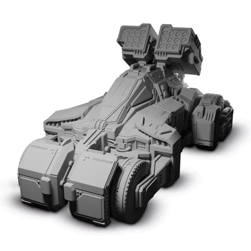 Detailed wargaming miniature tank with dual turrets and rugged tires for hobby enthusiasts