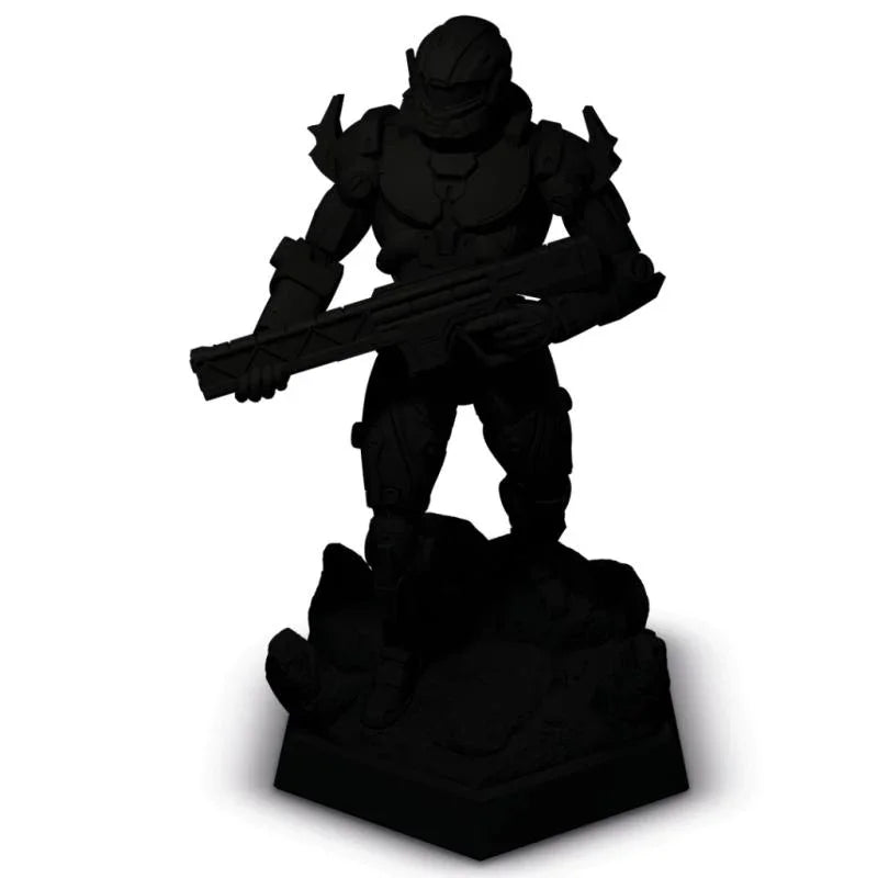 Black armored wargaming miniature holding rifle, ideal for hobbyists and tabletop battles.