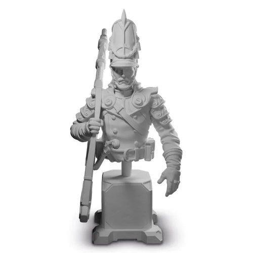 Unpainted wargaming miniature soldier with rifle and helmet, ready for painting and tabletop battles.