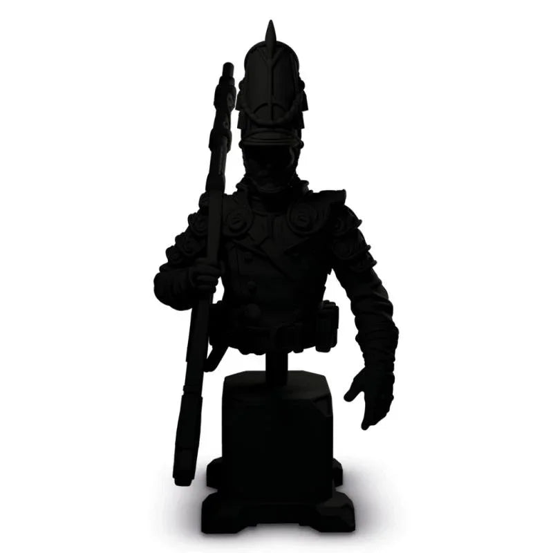Black wargaming miniature soldier with rifle and helmet, ideal for hobbyists and tabletop battles.