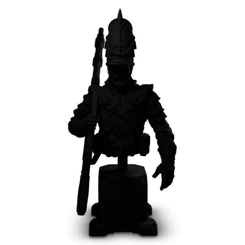 Black wargaming miniature soldier with rifle and helmet, ideal for hobbyists and tabletop battles.