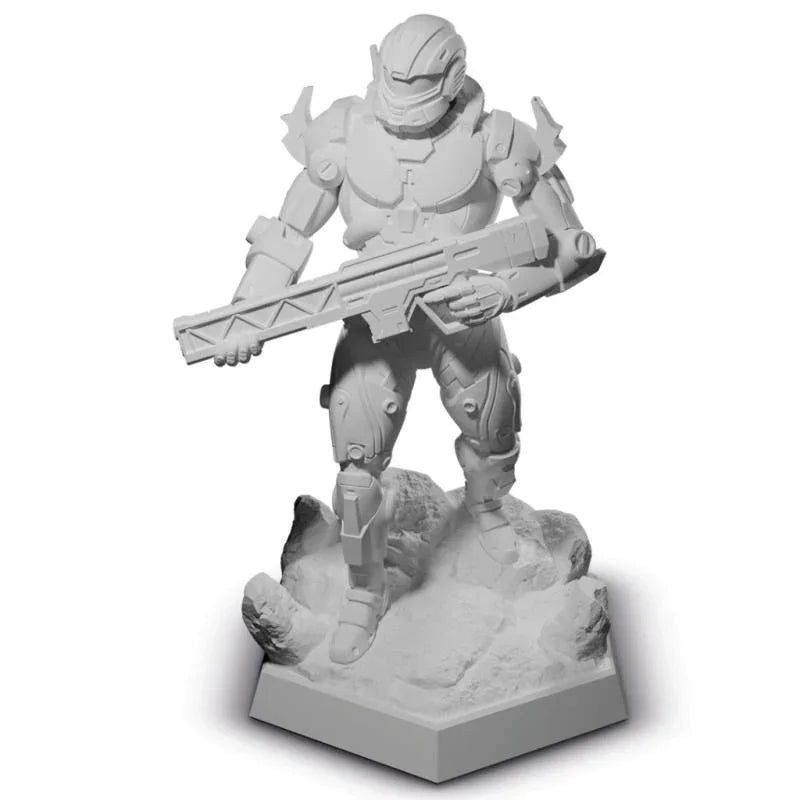 Unpainted wargaming figurine in armor holding rifle, ideal for hobby enthusiasts and custom painting